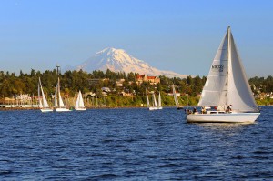 Des Moines Mt Rainier & many sailboats. Photo courtesy city of Des Moines