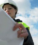 construction worker, woman, hard hat, blueprints