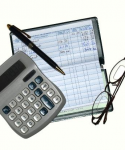 checkbook, calculator, budget