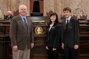 Representative Van De Wege with Pages Desi Holmes and Brennan LaBrie Kathy Strauss