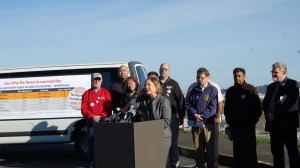  Rep. June Robinson, surrounded by union leaders, talks about her sponsorship of HB 2147