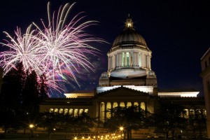 Washington State Capitol building with fireworks from Lake Fair in Olympia. Aaron Barna