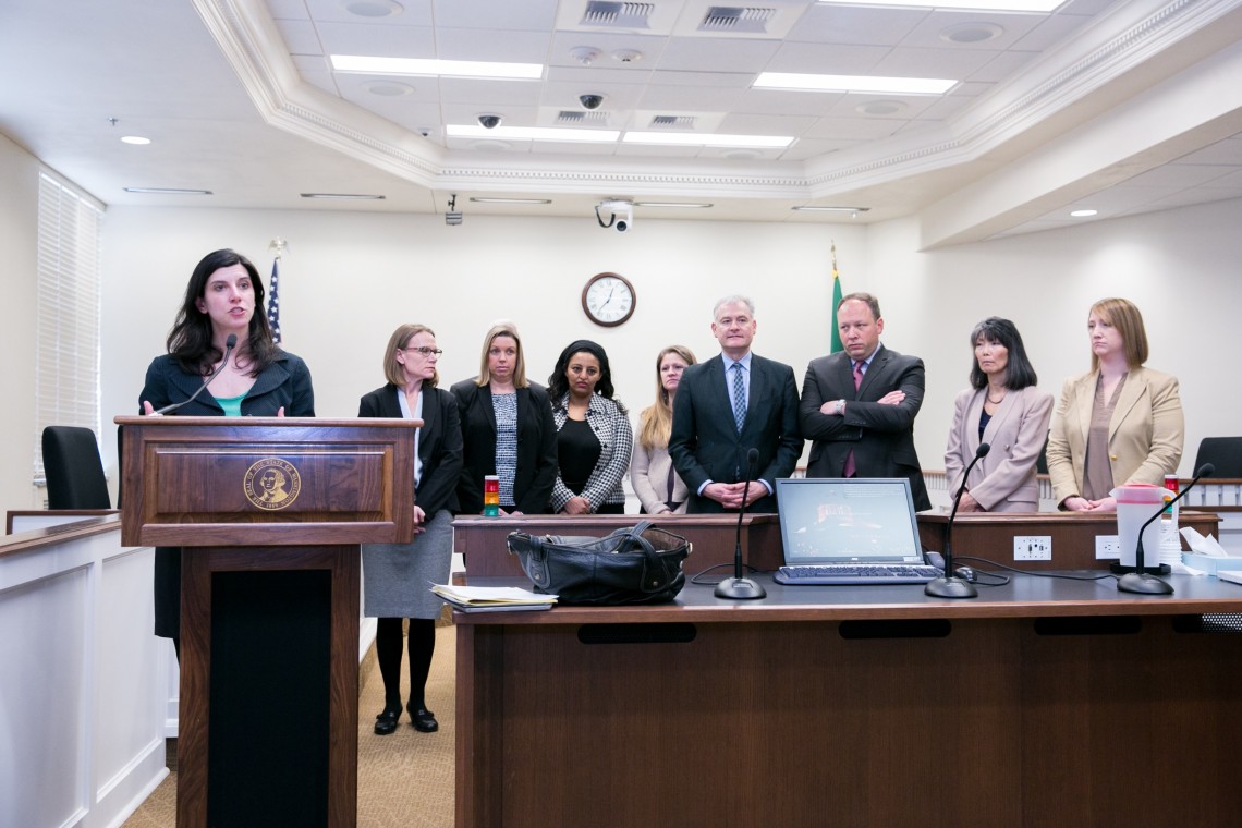 Attendees at today's press event: Rep. Farrell; parent advocates Eden Mack, Summer Stinson, Sofia Deglel and Chandra Hampson; Senator Carlyle; Senator Frockt; Rep. Santos; Rep. Frame Photo courtesy of Washington State Legislative Support Services