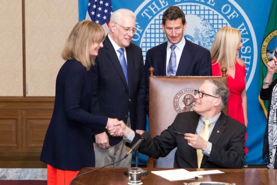 Governor Jay Inslee signs Substitute House Bill No. 2425, March 29, 2016. Relating to changing the words "massage practitioner" and "animal massage practitioner" to "massage therapist" and "animal massage therapist". Primary Sponsor: Rep. Patty Kuderer