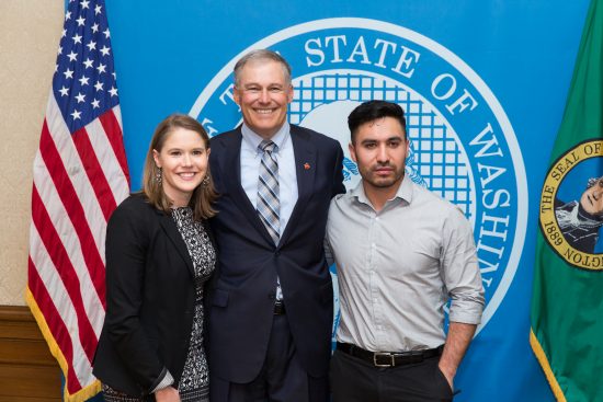 Gov. Jay Inslee with Ricky Garcia, inspiration behind Ricky's Law HB 1713, and his best friend Lauren Davis, who worked with prime sponsor Rep. Eileen Cody to pass the bill into law.