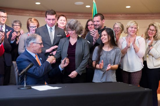 Gov. Inslee signs Substitute House Bill No. 1543, May 5, 2017. Relating to parental rights and responsibilities of sexual assault perpetrators and survivors.   Primary Sponsor: Beth Doglio