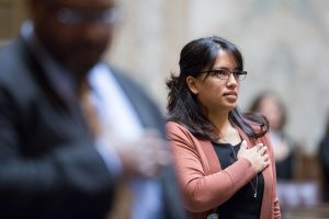 Kristine Reeves on floor of House during pledge of allegiance