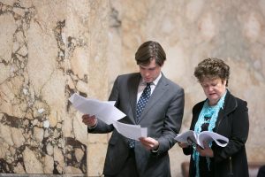 Mike Pellicciotti and Judy Clibborn reviewing legislation on floor