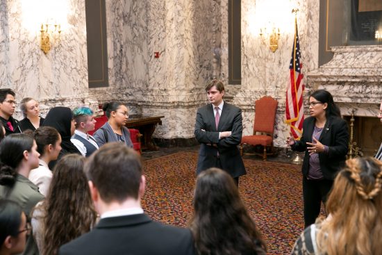 Rep. Kristine Reeves and Mike Pellicciotti meet with Advancing Leadership Youth, Feb. 28, 2018.