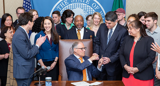 Gov. Inslee signs Substitute House Bill No. 1739, May 7, 2019. Relating to firearms that are undetectable or untraceable. Primary Sponsor: Javier Valdez