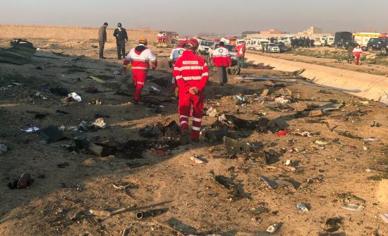 Debris from a Boeing 737 plane crash outside Tehran, Iran