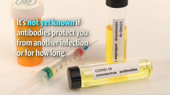 A syringe, orange prescription bottle, and two bottles labeled "COVID-19 coronavirus antibodies"