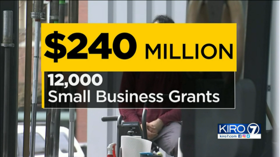 A yellow and black graphic reads: $240 million. 12,000 small business grants.