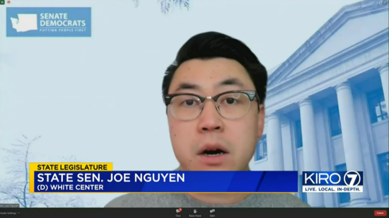 A screenshot of a person speaking to the camera. A blue and yellow banner at the bottom reads: State Leigslature. State Sen. Joe Nguyen (D) White Center.