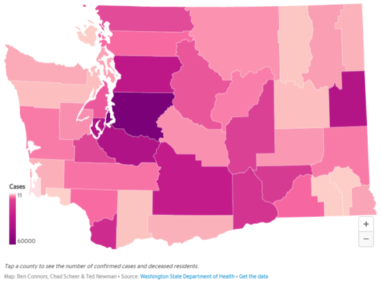 A pink and purple color coded map depicting confirmed COVID cases in Washington state by county.
