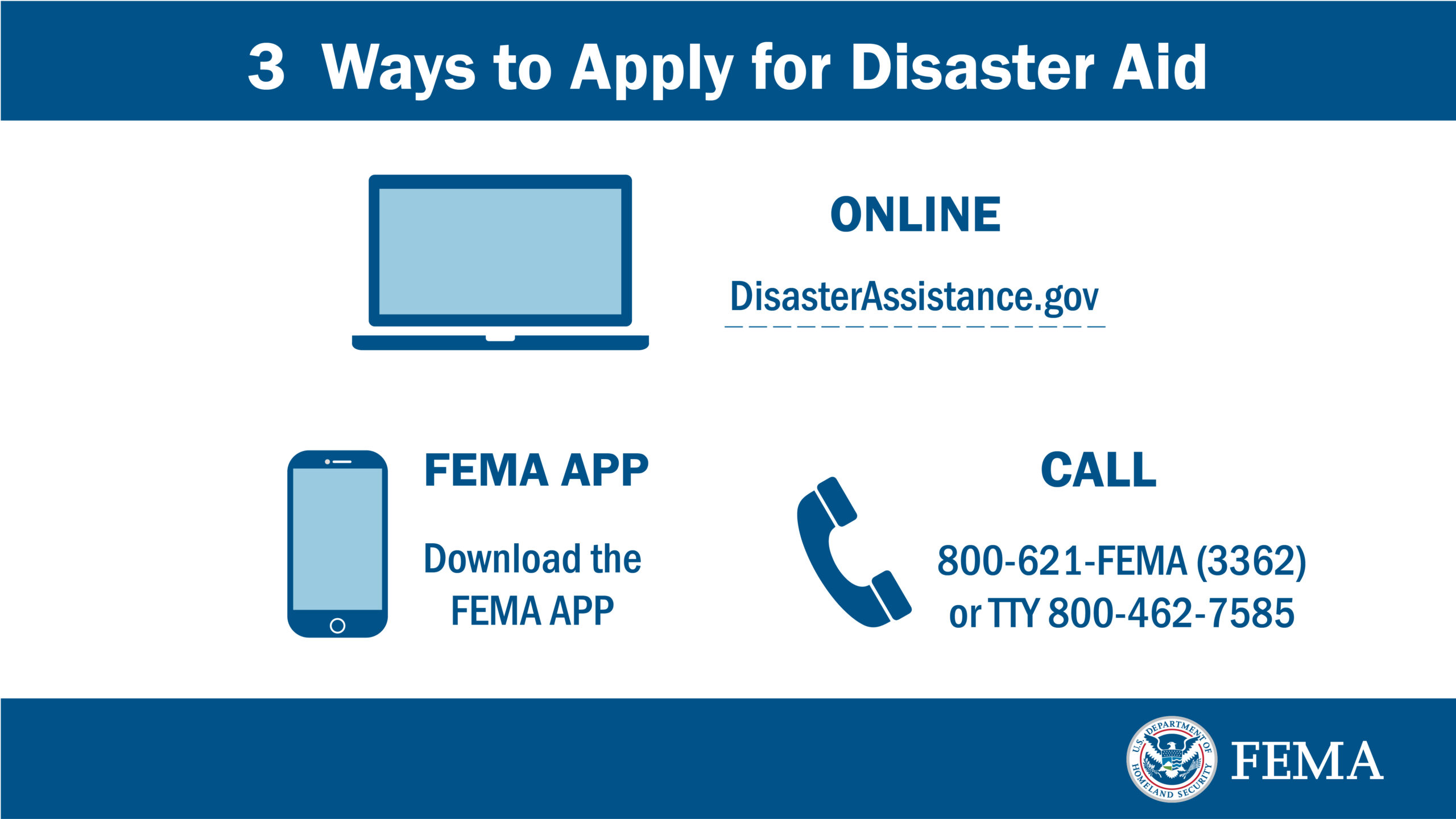Graphic highlighting ways to apply for disaster aid- more info at link.