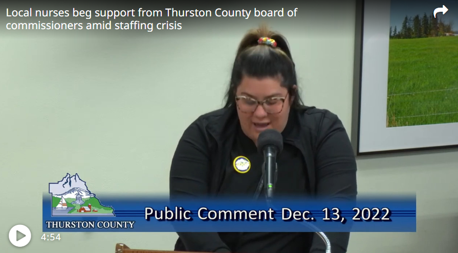 Several local nurses spoke during the Thurston County board of commissioners' Dec. 13 meeting, asking for their support amid a staffing crisis at Providence Centralia and St. Peter hospitals.
