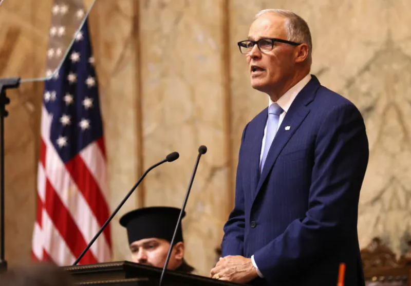 Washington Gov. Jay Inslee delivers his 2023 State of the State address at the Capitol in Olympia earlier this month, pushing a proposed $4 billion referendum to build thousands of new housing units, including shelters, affordable housing and supportive housing. Lawmakers would need to pass that measure before it went to voters.
