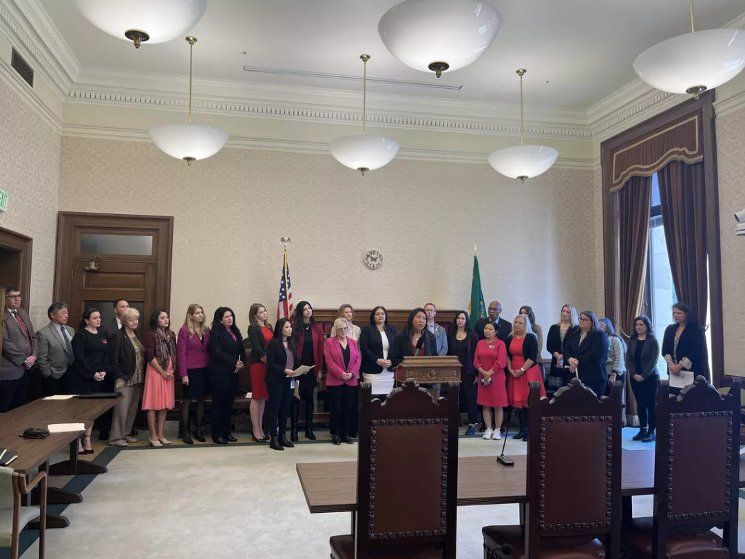 Rep. Debra Lekanoff, D-Bow, speaks surrounded by other legislators about legislation surrounding missing and murdered indigenous women at a press conference Tuesday.