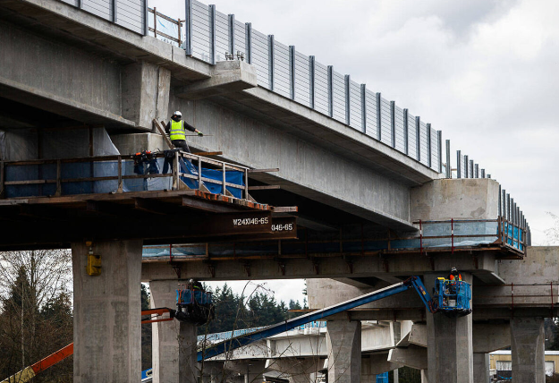 President Joe Biden’s proposed budget adds $257 million for the Lynnwood light rail extension, pictured here under construction in March 2022. That money coming earlier could save $40 million that could go toward future projects such as the expansion to Everett.
