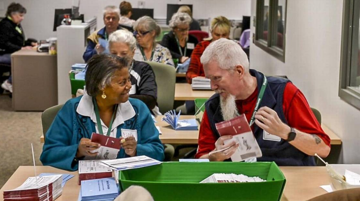 Workers in the Pierce County Election Center process ballots, Monday November 5, 2018