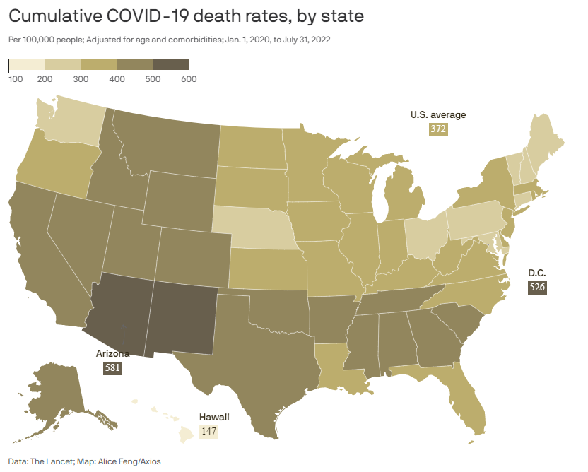 Cumulative COVID-19 death rates, by state