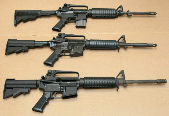Three variations of the AR-15 assault rifle are displayed on Aug. 15, 2012 at the California Department of Justice in Sacramento, Calif.