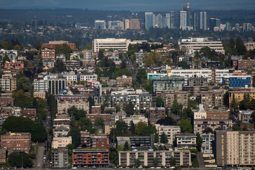 Capitol Hill and Bellevue seen from the Space Needle on Friday, May 20, 2022.