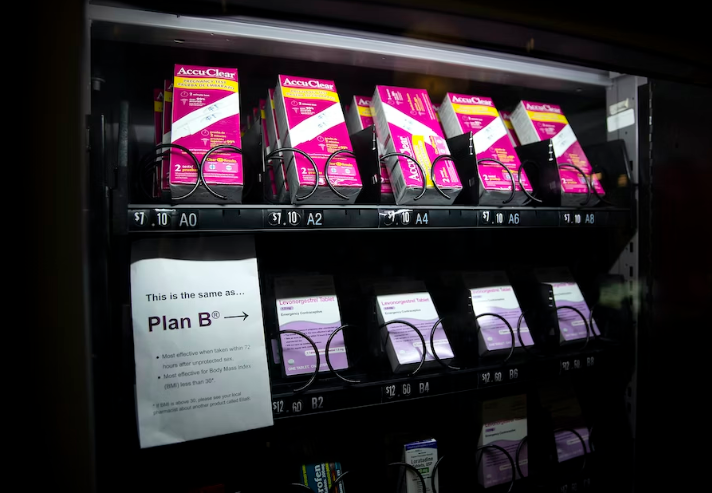An emergency contraceptive vending machine is shown on Thursday, July 27, 2023, in the lobby of the Odegaard Library on the University of Washington campus in Seattle.