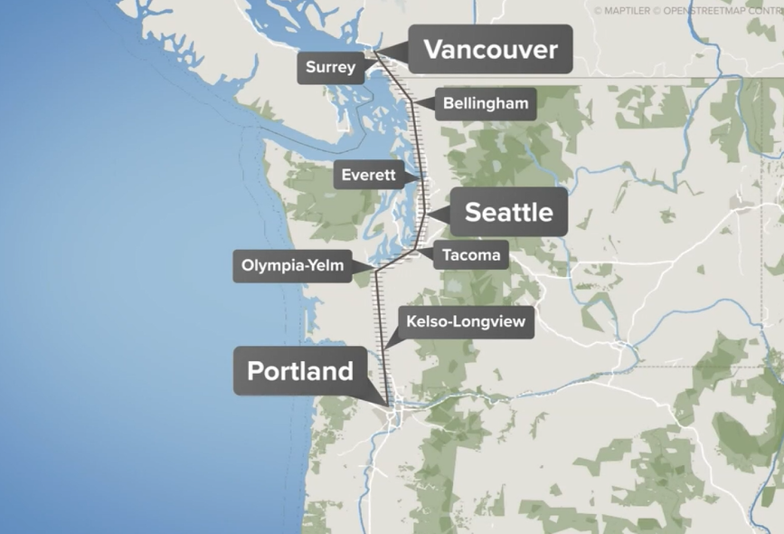 At 250 miles per hour, a rider on the train could travel from Seattle to Portland in under an hour.