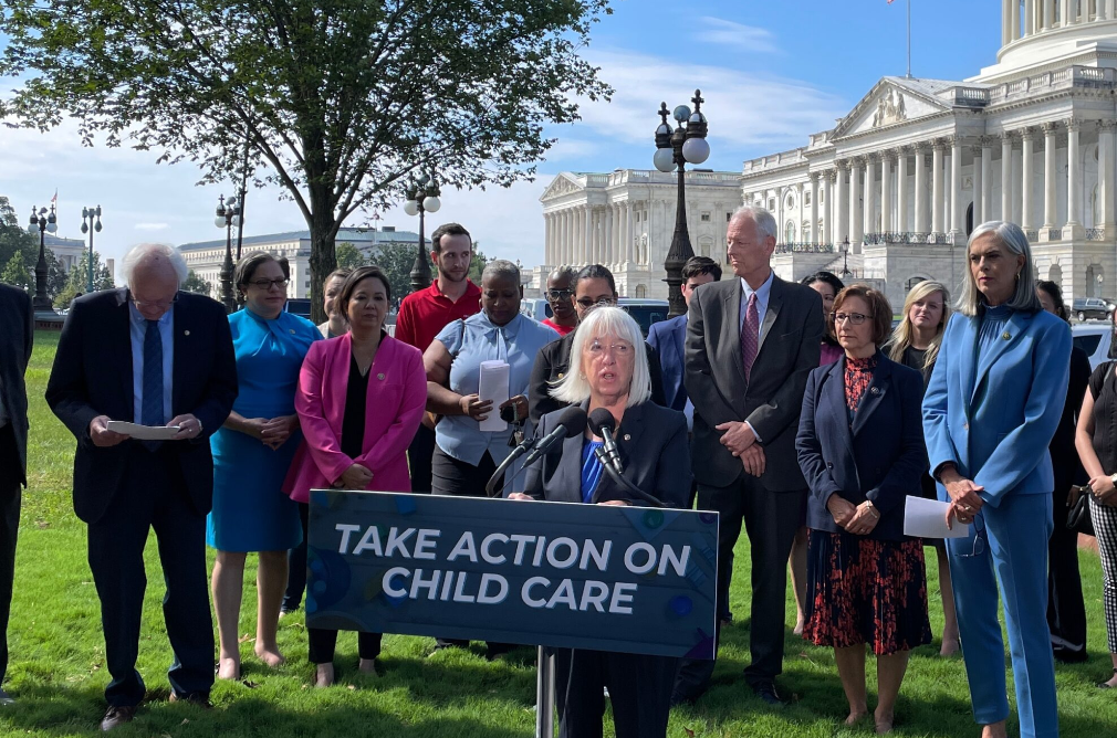 U.S. Sen. Patty Murray of Washington speaks at a press conference on child care funding outside the U.S. Capitol on Wednesday, Sept. 13, 2023