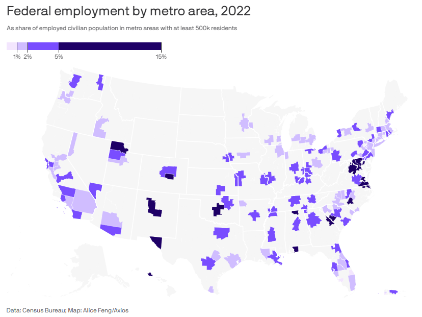 Federal employment by metro area, 2022. As share of employed civilian population in metro areas with at least 500k residents.