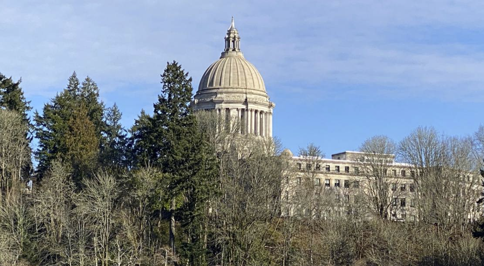 The dome of the Washington state Legislative Building in Olympia peeks above the trees and foliage lining the middle basin of Capitol Lake.