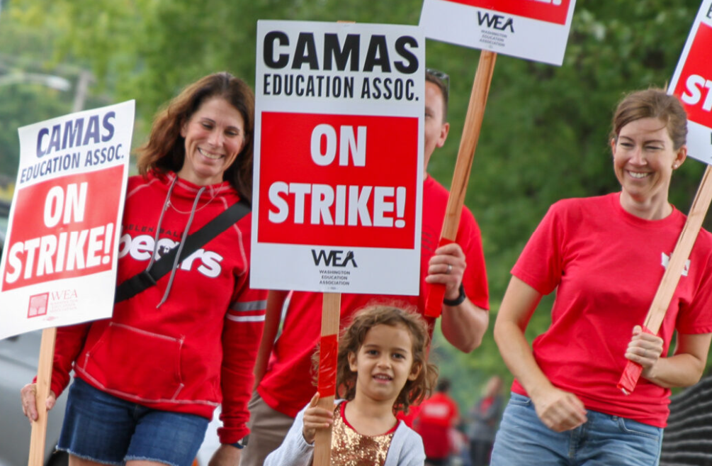 Camas teachers and community members on strike.