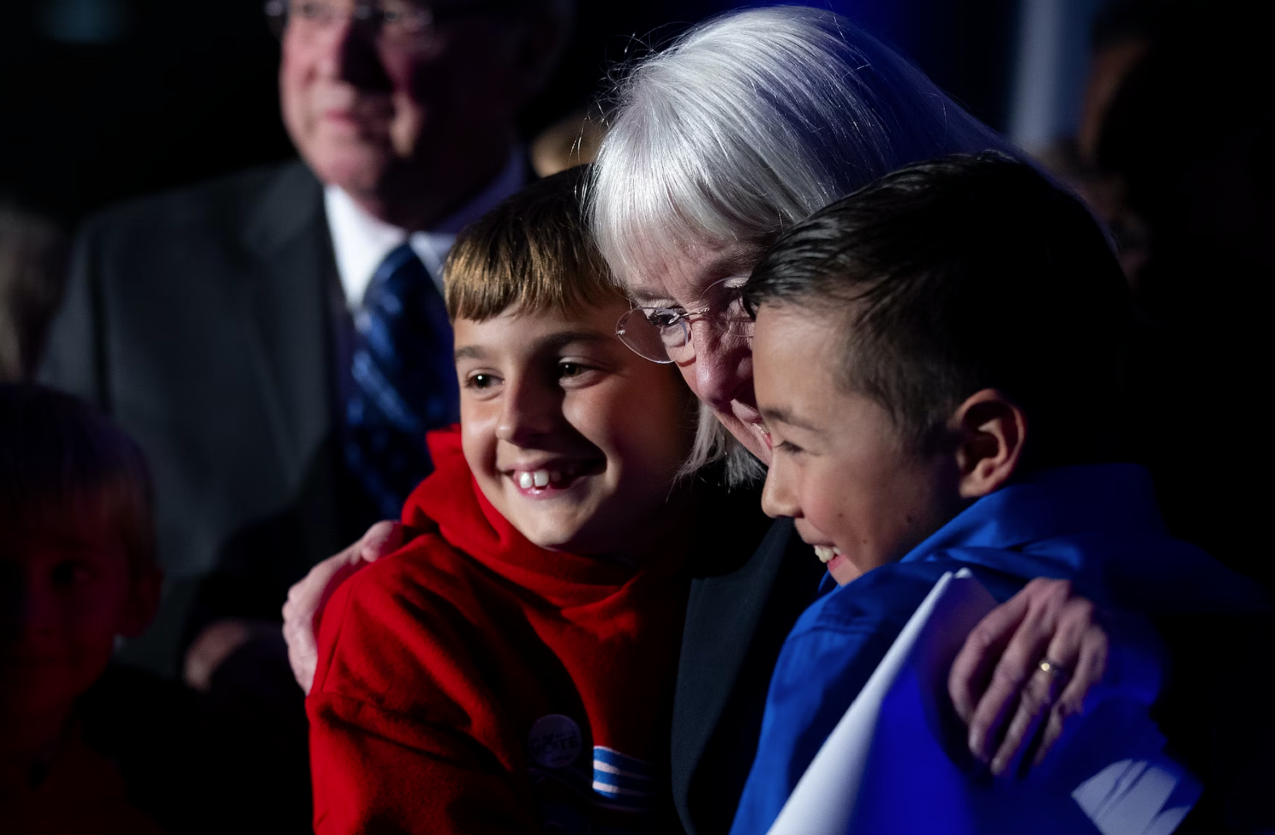 Senator Patty Murray celebrates with family on stage after speaking to supporters during an election night party on Tuesday, November 8, 2022, at the Westin in Bellevue.