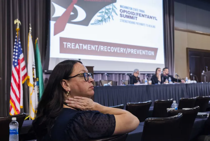 Misty Napeahi, vice chair of the Tulalip Tribes, listens to discussions at the Treatment, Recovery & Prevention breakout session at the Washington State Tribal Opioid/Fentanyl Summit at the Silver Reef Casino and Conference Center, May 22, 2023.