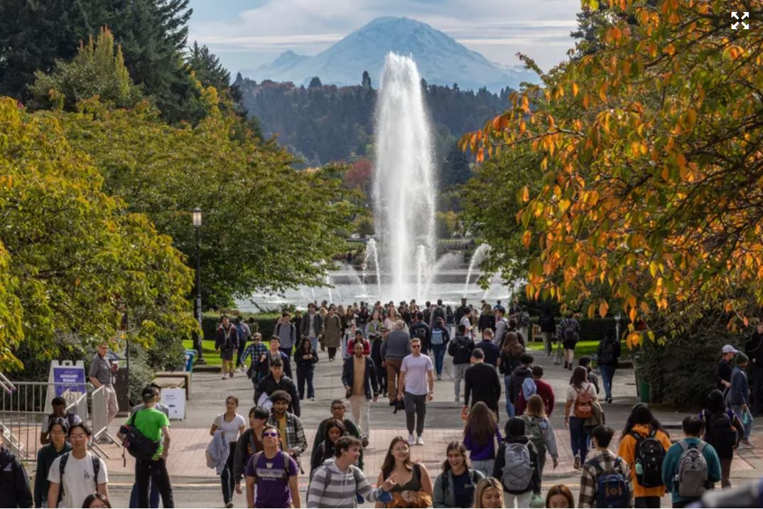 Students walk between classes in the shadow of Drumheller Fountain and Mount Rainier at the University of Washington on Oct. 13, 2023.