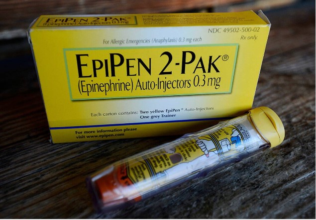 An EpiPen epinephrine auto-injector, a Mylan product, delivers a measured dose of epinephrine to treat an allergic reaction.