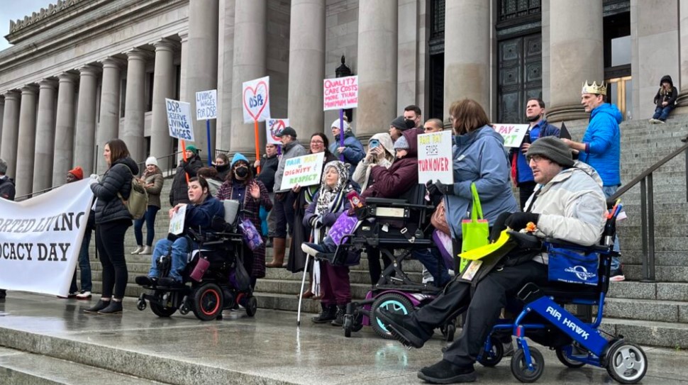 Advocates for people with intellectual and developmental disabilities rallied on the state capitol steps on Jan. 17. The group is asking for rate increases for support staff and more funding for affordable housing.