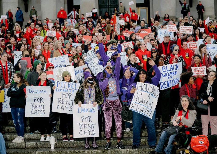 Demonstrators at the Washington State Capitol in January called on lawmakers to pass a rent cap measure.Credit...