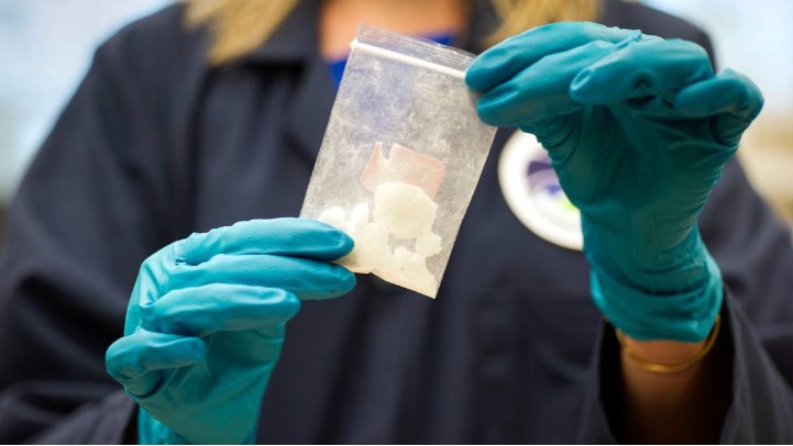 A bag of 4-fluoro isobutyryl fentanyl which was seized in a drug raid is displayed at the Drug Enforcement Administration (DEA) Special Testing and Research Laboratory in Sterling, Va., on Aug. 9, 2016.