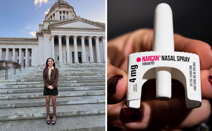 Left: Lake Washington High School senior Sophia Lymberis stands on the steps of the Capitol in Olympia during a recent visit to testify on behalf of Senate Bill 5804, a bill that she and her classmates helped develop that would put opioid overdose medications in every school. (Courtesy of Sophia Lymberis) Right: The overdose-reversal drug Narcan