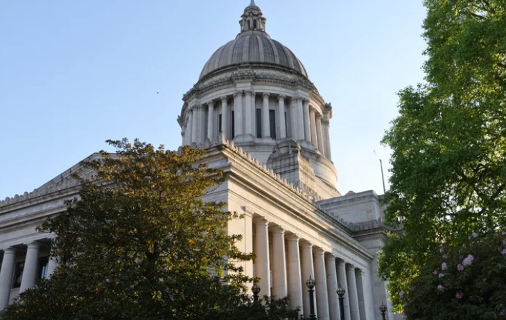 The sun shines on the Washington State Capitol building in Olympia. 