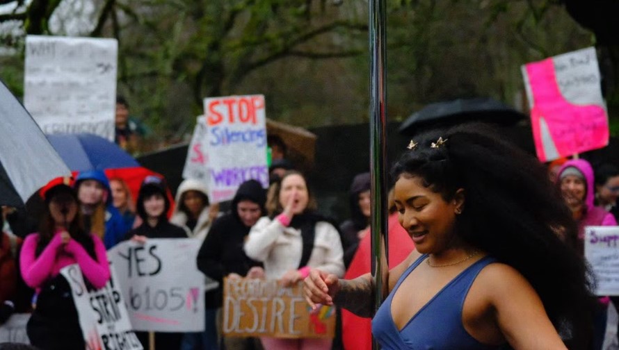 A photo of Zethera performing at a demonstration in support of Washington’s “Strippers’ Bill of Rights” at Capitol in Olympia on Feb. 19, 2024. 