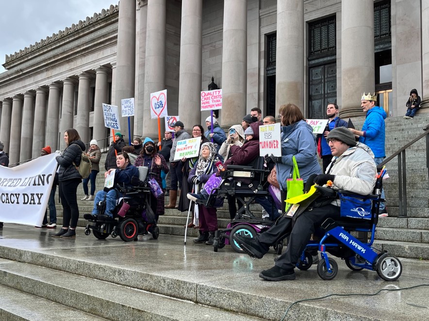  Advocates for people with intellectual and developmental disabilities rallied on the state capitol steps on Jan. 17. The group is asking for rate increases for support staff and more funding for affordable housing. 