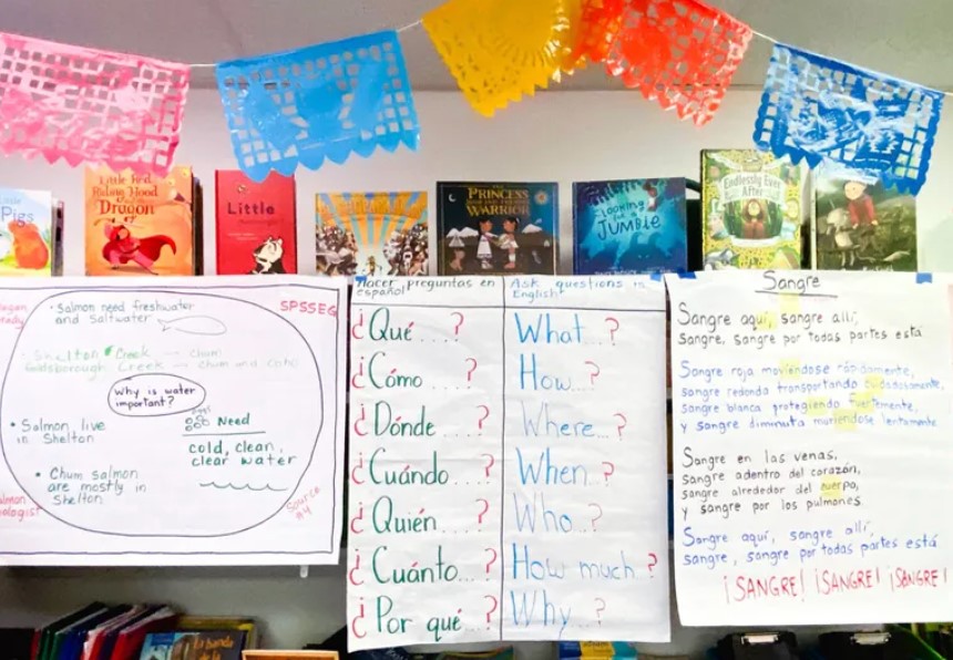 Posters in Spanish and English hang on the walls of Aidé Villalobos’, a dual language educator, classroom. Programs like this provide Washington’s K-5 students the opportunity to learn core subjects in English
