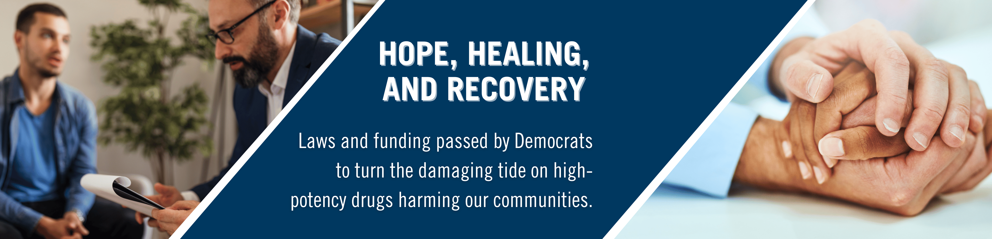A banner with a photo of two men talking on the left and two hands on the right and in the center it reads Hope, Healing, and recovery and Laws and funding passed by Democrats to turn the damaging tide on high-potency drugs harming our communities. 