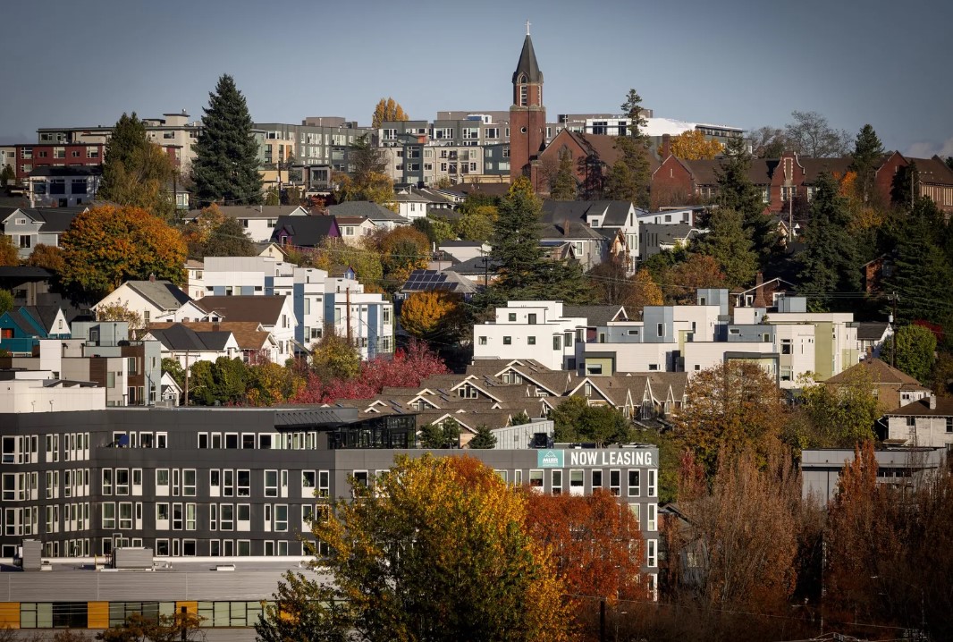 A mix of apartments and single family homes are seen in the Central District, viewed from Beacon Hill, on Nov. 8, 2023 in Seattle.