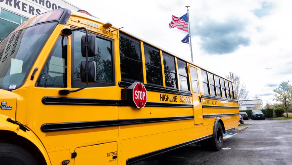 An electric school bus is pictured on March 28, 2024