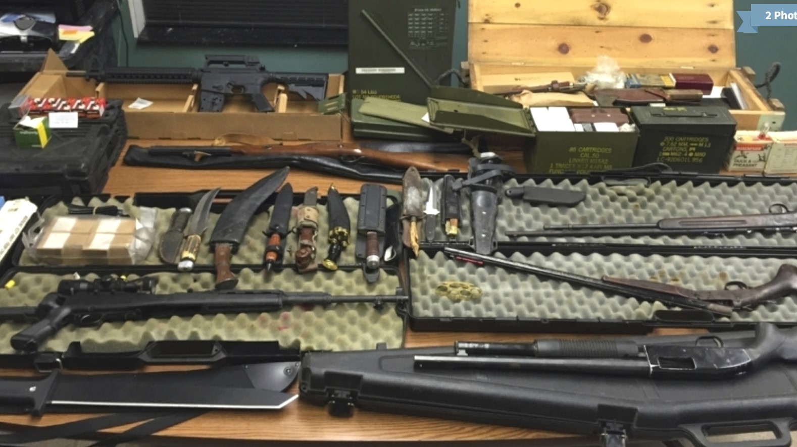 FILE - This undated photo provided by the Van Buren County Sheriff’s Office in Paw Paw, Mich., shows stolen guns, ammunition and knives that were recovered Sept. 12, 2015, in Antwerp Township, Mich. The rate of guns stolen from cars in the U.S. has tripled over the last decade, making them the largest source of stolen guns in the country, a new analysis of FBI data by the gun-safety group Everytown found. (Van Buren County Sheriff’s Office via AP)